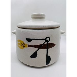 VTG 60’s West Bend Crock Bean Pot & Lid w/ Fork & Spoon Design, earthenware, MCM